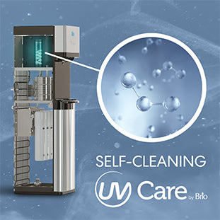 A water dispenser with a highlighted section showing molecules, illustrating the self-cleaning UV Care feature by Brio. The text below reads, SELF-CLEANING UV Care by Brio.